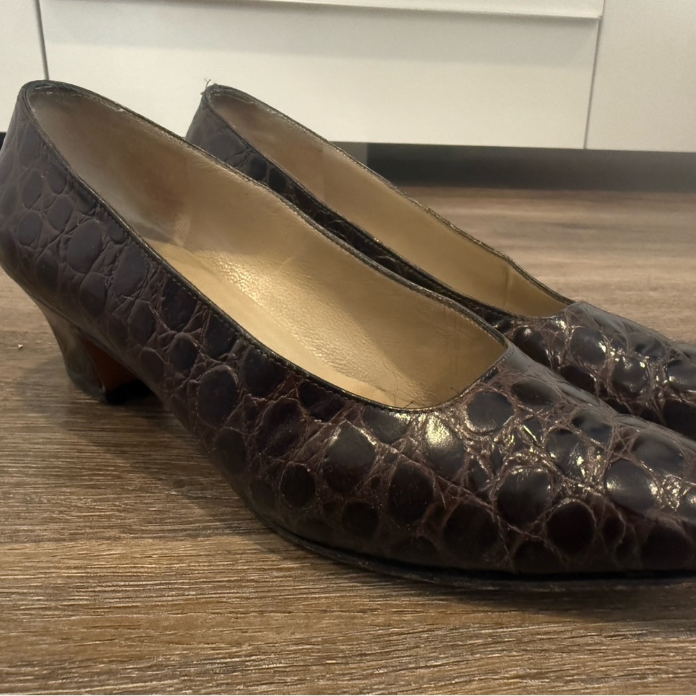 Salvatore Ferragamo Dark Brown Croc-Embossed Low Heel Pumps